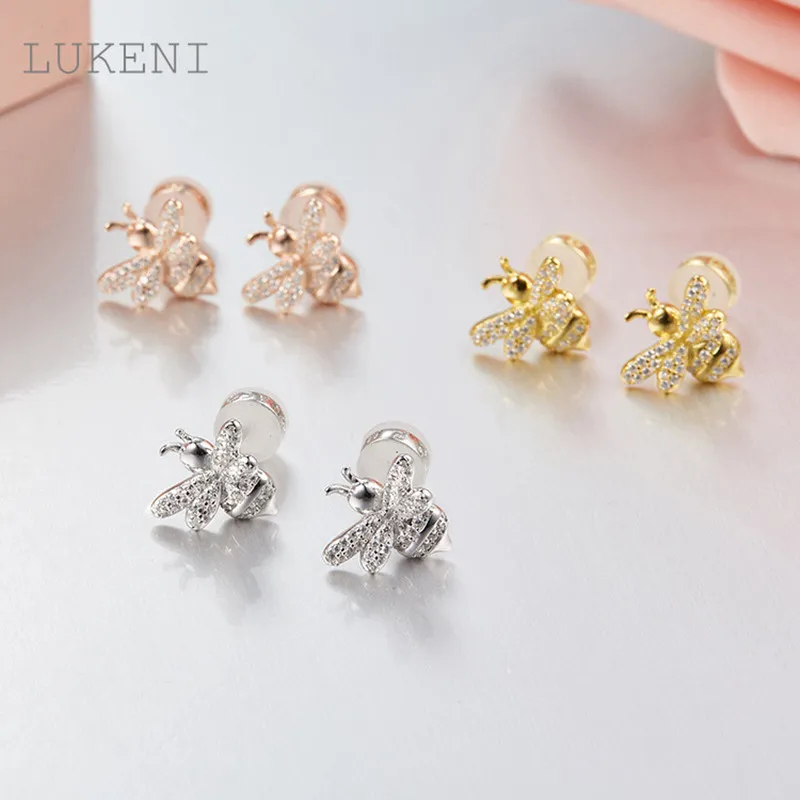 

LUKENI New Personality Fashion Women S925 Sterling Silver Micro Inlay Zircon The Samll Bee Stud Earrings Jewelry