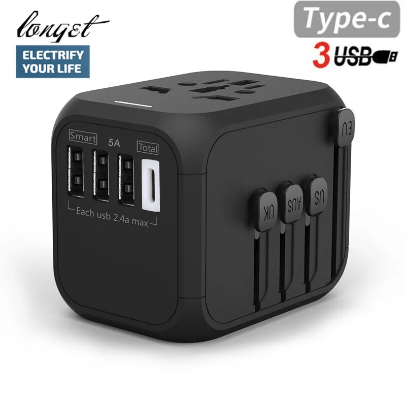 

LONGET Universal Travel Adapter Auto Resetting Fuse baby safe design 5A 3 USB + 1typc c Worldwide Wall Charger for UK/EU/AU/Asia