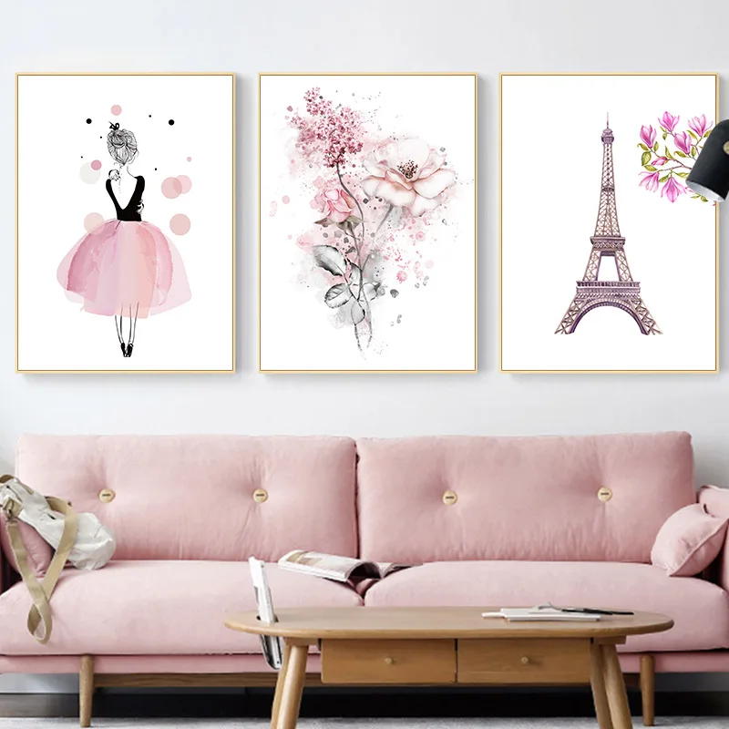 

Dancing Girl Flower Art Nordic Pink Fashion Poster Print Paris Tower Canvas Painting Wall Picture for Living Room Decoration