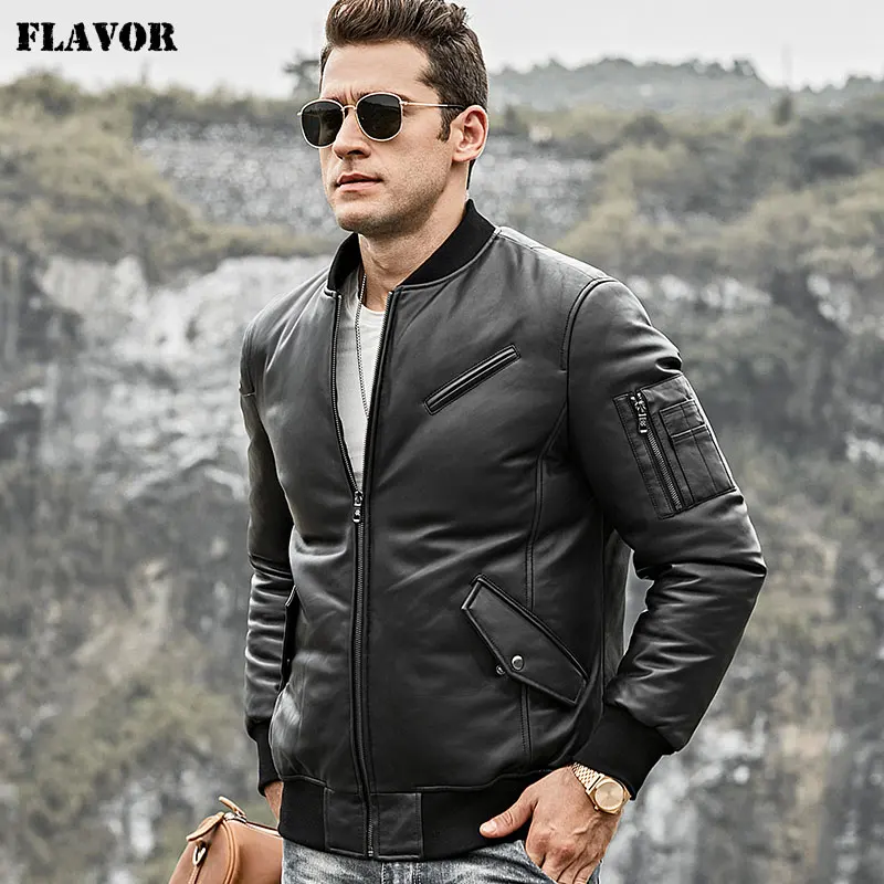 FLavor Men's Real Leather Down Jacket Men Genuine Lambskin Leather ...
