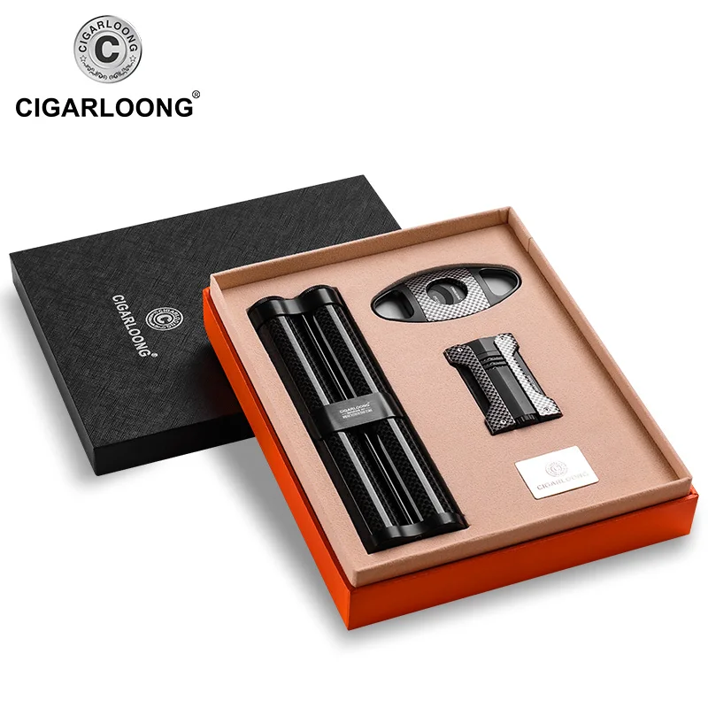 

carbon fiber cigar cutter Cigarette Windproof Lighter Torch Jet butane gas Cigar Lighters tube case Gift Set CQ-B1001