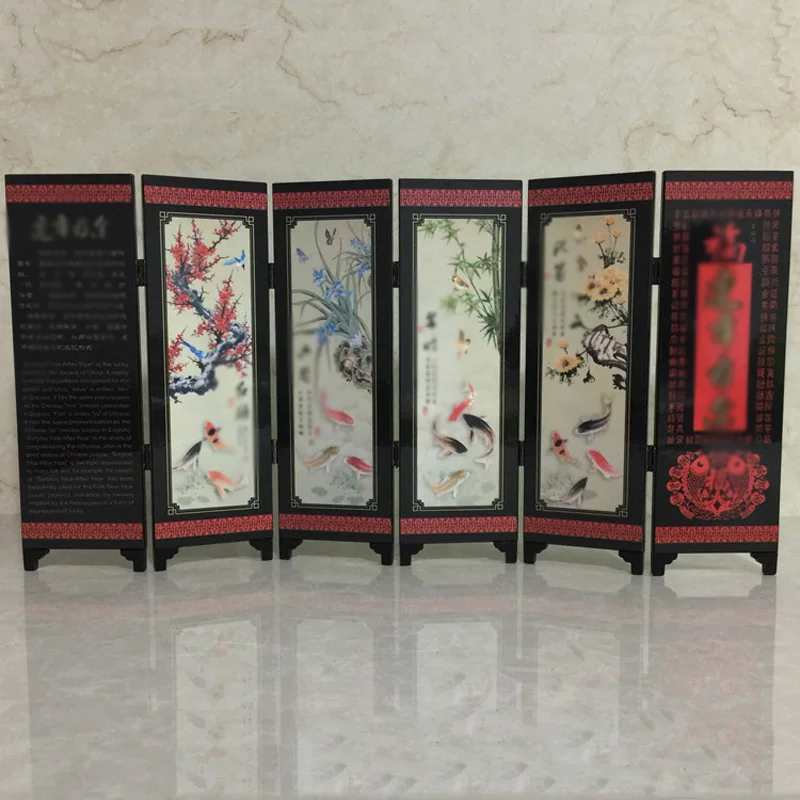 

Desktop Ornaments Chinese Arts Craft Lacquer Mini Folding Screen Wood Made Antique Lacquer Ware Small Screen Decor Table Screens Home Decoration Gift