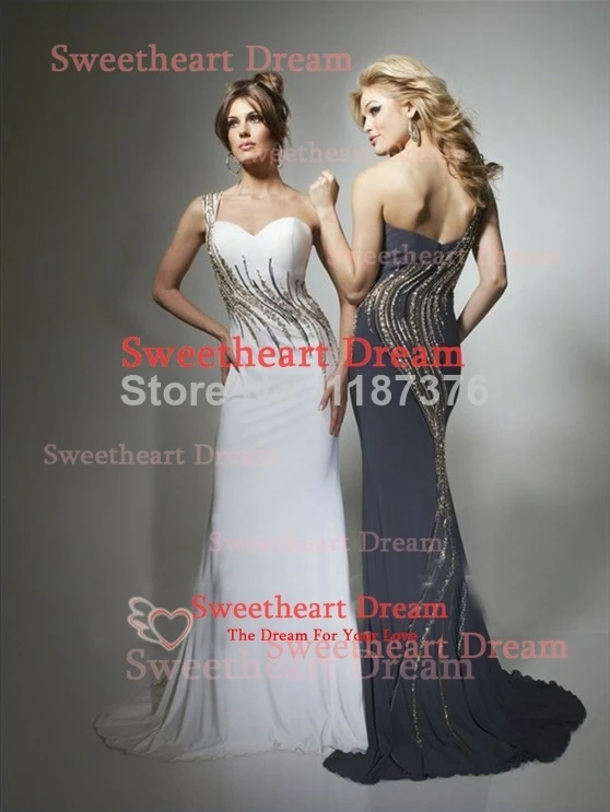 wholesale-One Shoulder Beaded Strap Elegant Wave Chiffon Trumpet/Mermaid Evening gowns 2014 | Свадьбы и торжества
