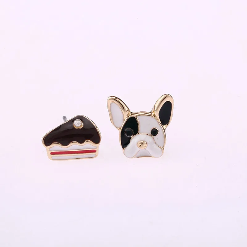 

Girls Cute French bulldog and Cake Shape Oil Alloy Stud Earrings Funny Puppy Small Earrings For Animal Lovers Personality Design