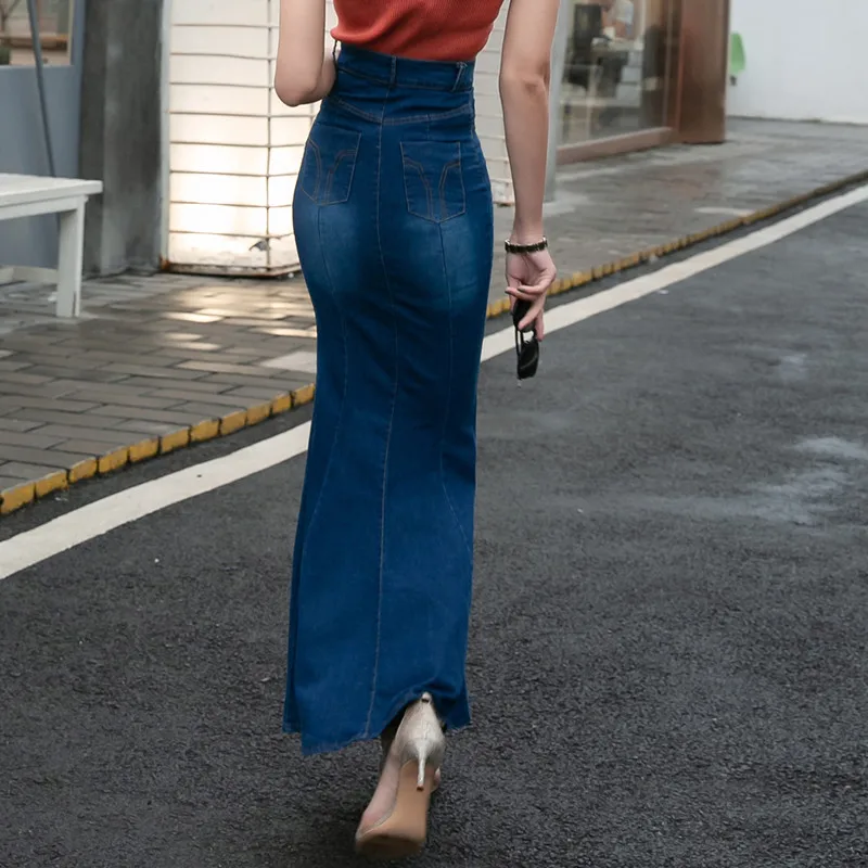 Высокая талия длинные джинсовые юбки для женщин корейская мода однобортная облегающая юбка макси джинсовая юбка Русалка