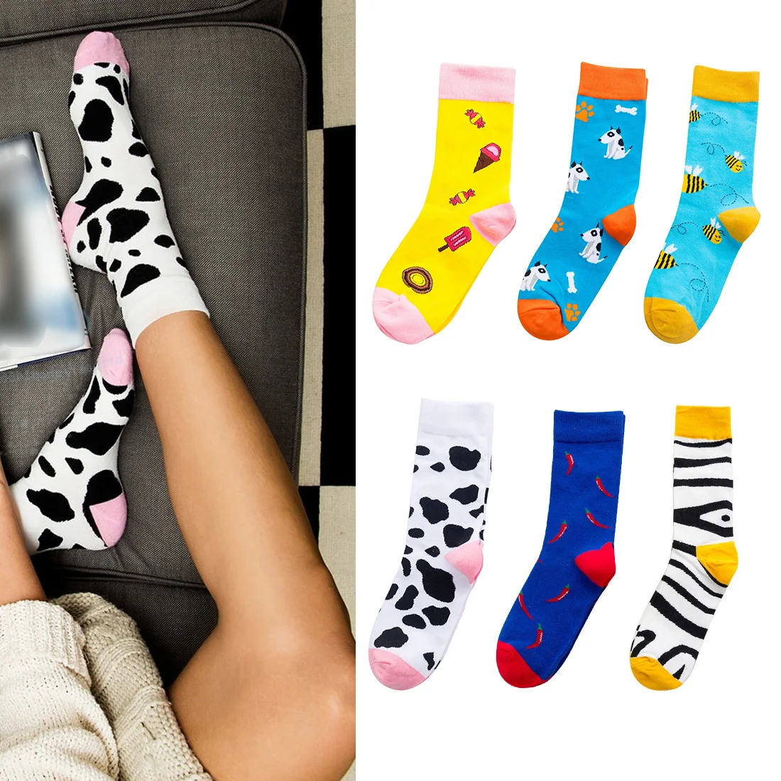Женские счастливые носки высокого качества чесаные хлопковые животные забавные повседневные носки 1 пара