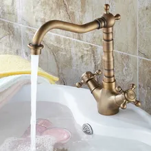 Винтажный Ретро; античная латунь с двумя крестообразными ручками поворотный носик для кухонной раковины Смеситель кран Csf090