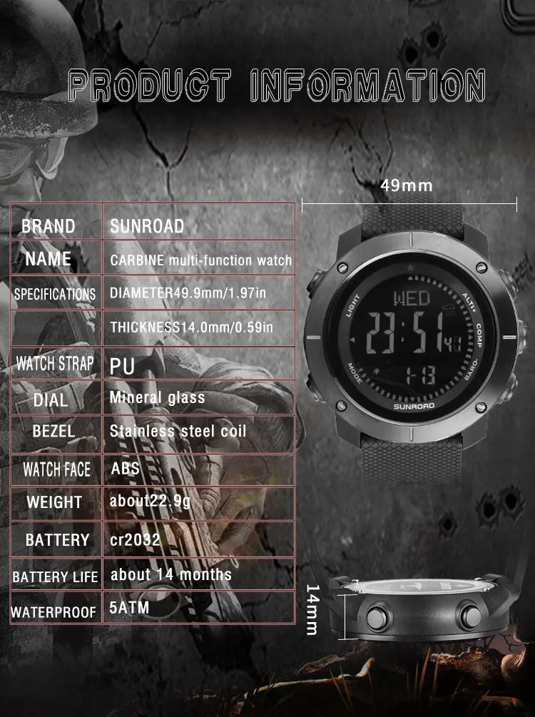 SUNROAD мужские цифровые водонепроницаемые спортивные часы-альтиметр барометр компас секундомер Пешие прогулки плавание Кемпинг Reloj Hombre