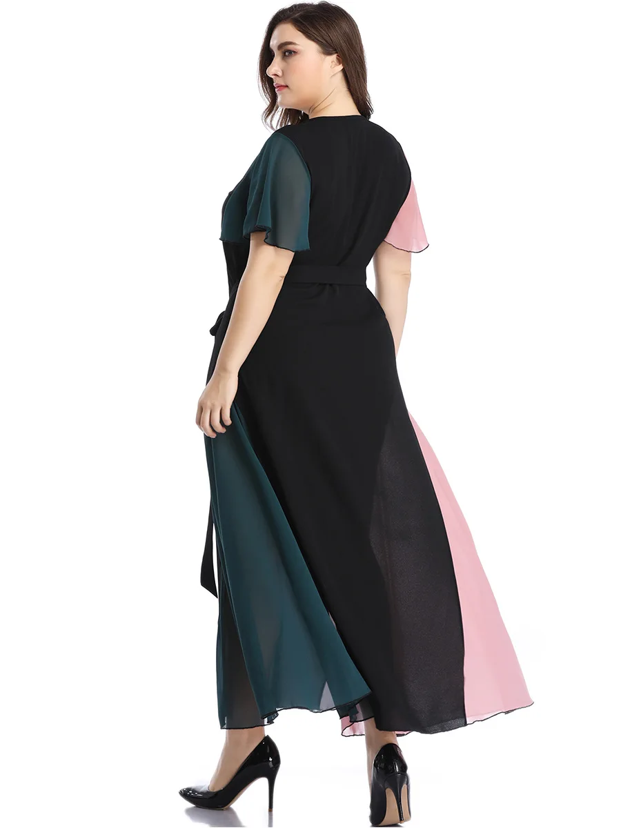 Plus Size Office Lady Solid Summer Bohemian Beach Dress V Neck Office Work Dresses Short Sleeve Vestidos Verano