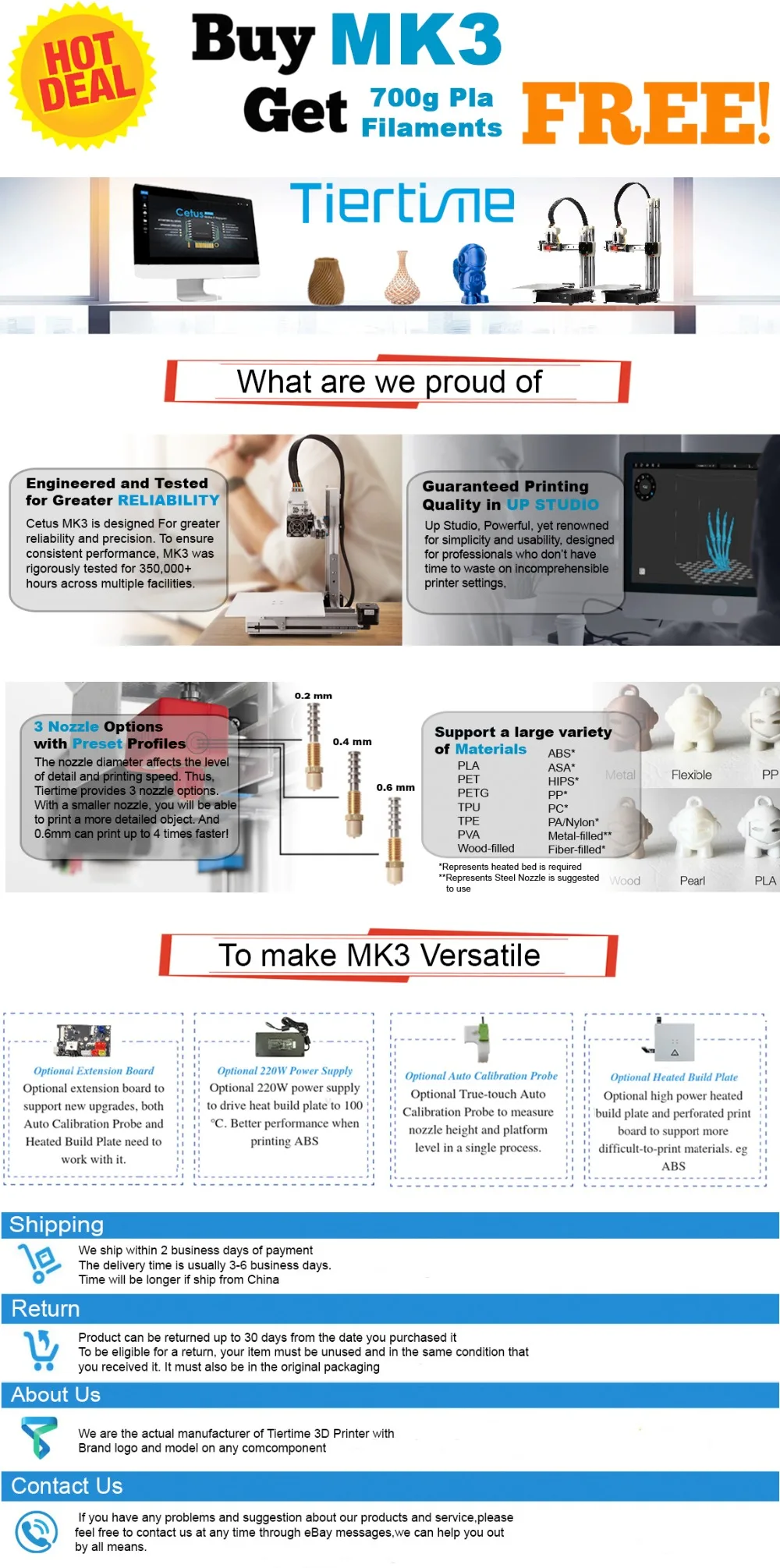 Tiertime MK3 FDM 3d принтер, расширенная версия