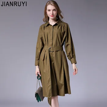 

Europe and the United States 2018 large size women's autumn new fat mm200 kg lapel wrinkled dress with belt 7018