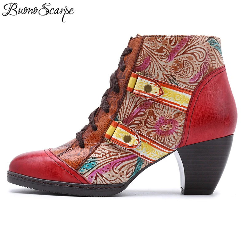 

Buono Scarpe Fashion Carved Women Patchwork Ankle Boots Lace Up Mixed Color Retro Short Boots Heels Vintage Round Toe Shoes 2019
