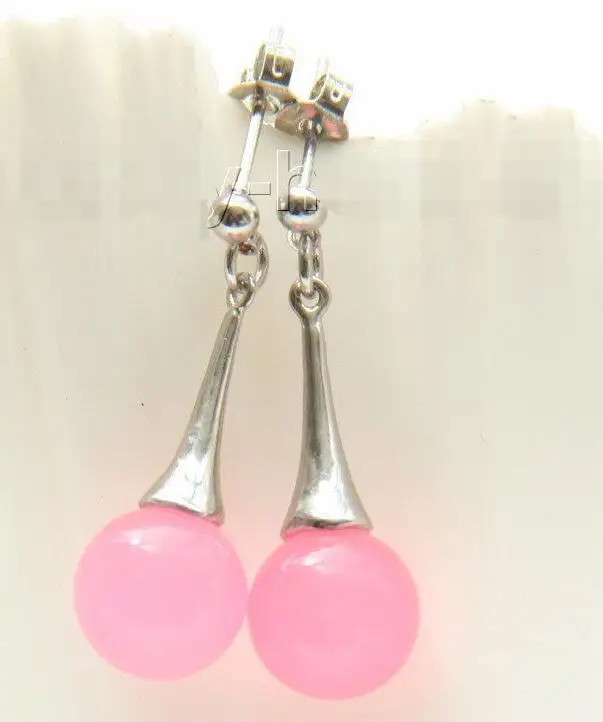 

>Genuine Drop Dangle Stud 10mm round pink jade bead Earrings