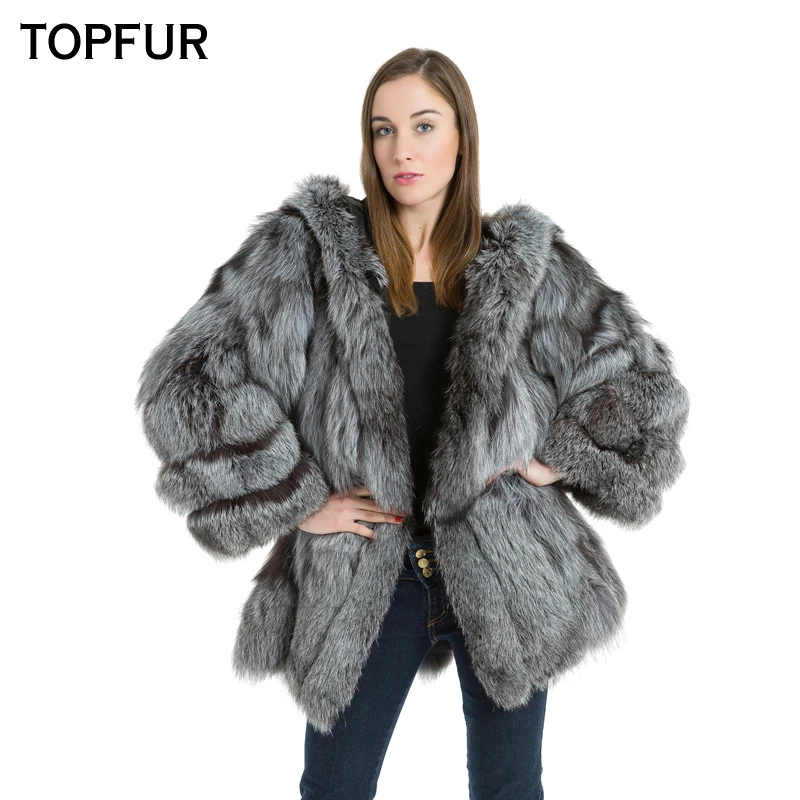 Женское пальто с капюшоном TOPFUR черное из натурального Меха чернобурки верхняя