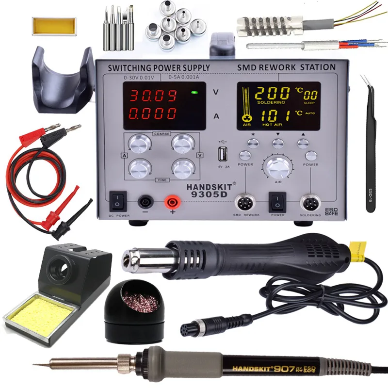 

9305D 4 in1 Digital SMD Hot Air Heat Gun Rework Solder Station + Electric Soldering iron with Tools Accessies