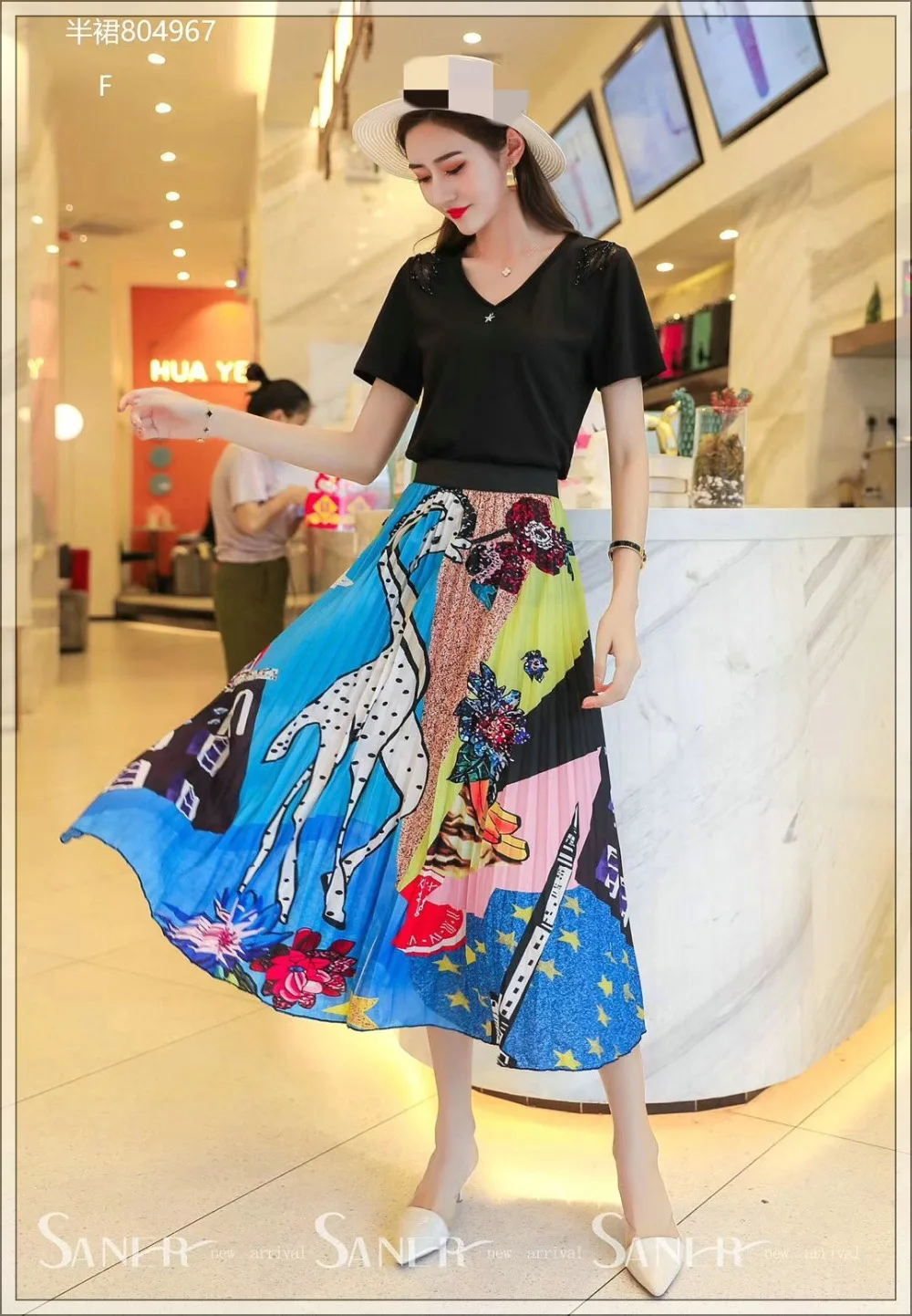 Весенняя новинка, Модная европейская эластичная плиссированная юбка с принтом героев мультфильмов, уличный стиль, трапециевидная юбка до середины икры, Женская юбка
