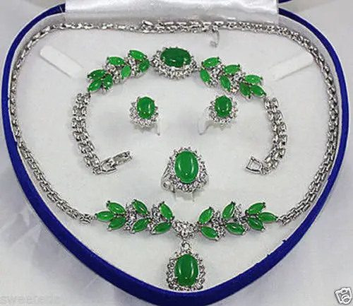 

Beautiful Jewelry Green Jade Necklace Bracelet Earring Ring Set ^^^^18K GP style Fine jewe Noble Natural jade