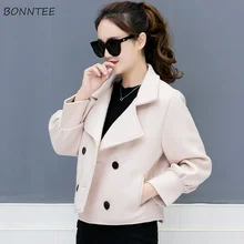 Смешанные женские высококачественные двубортные трендовые тонкие толстые однотонные Элегантные короткие пальто женские простые карманы Универсальные женские пальто