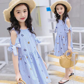 

Baby Girls Dress Summer Blue Sweet Stripes with Dot Print Cool Knot Decor Kids Clothes