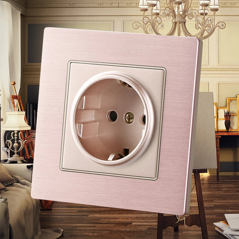Wall Crystal Glass Panel Power Socket Plug Grounded, 16A Rose Gold EU