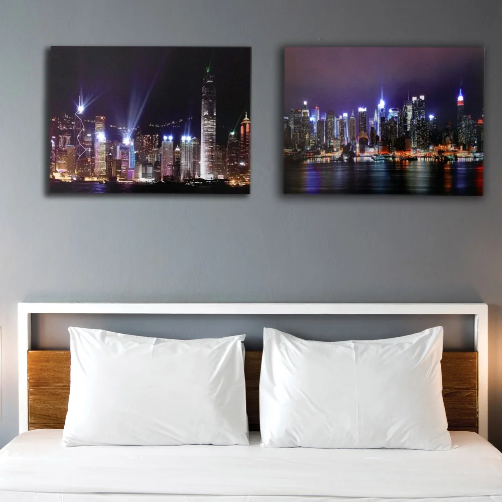 Освещенная Настенная картина Hong kong с Нью-Йоркским skyline ночной светодиодный холст Художественная живопись произведение искусства HD Печать рамка батарея открытая 16x24IN