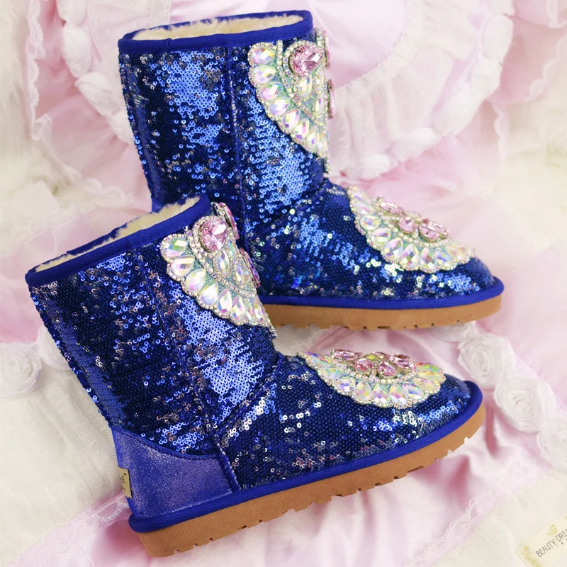 Bleu Cuir Neige Plate Cristal Fourrure Diamant Chaud Imperméables Ont De D'hiver Augmenté rose Garder Au Appartements Chaussures Bottes Strass En Lapin forme Femmes X11vwqE6