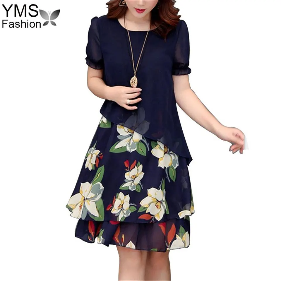 5XL размера плюс летнее шифоновое платье корейские вечерние платья с коротким рукавом и цветочным принтом женское повседневное элегантное платье vestidos