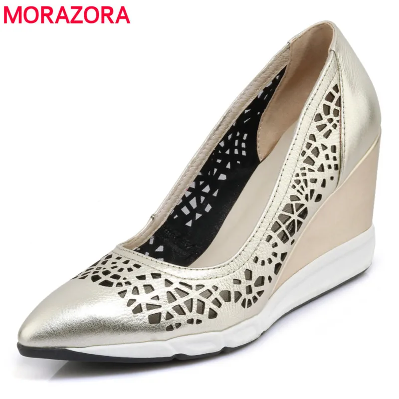 

MORAZORA 2020 new arrival genuine leather shoes woman sheepskin wedges pumps women shoes cut outs ladies high heels party shoes