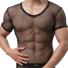 Sexy Transparent Mesh Fabric Mesh T Shirt Men for Mesh See-through Fishnet T Shirt with V Neck Singlet Male Plus Size plus size see thru mesh panel top