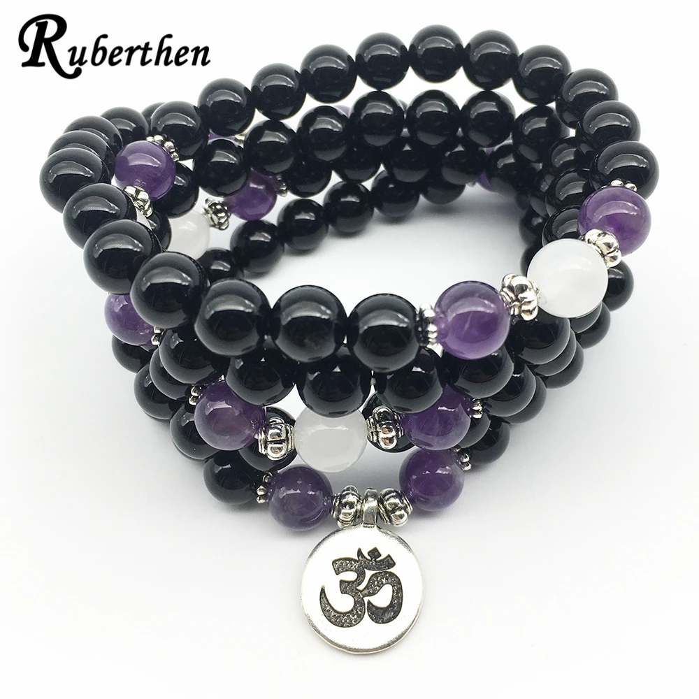 

Ruberthen Fashion Women Bracelets Vintage Design Ohm Charm Bracelet Black Onyx Purple Crystal Yoga Bracelet Beaded Jewelry