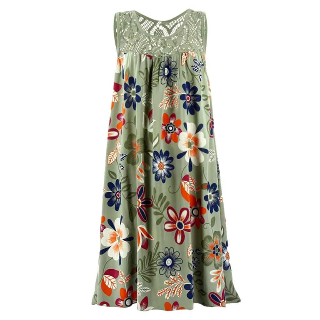 

2019 New Stylish Female's Kleid Women Summer Round Neck Sleeveless Boho Dress Laced Printed Dress Abito da donna alla moda