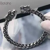 Solid 999 Sterling Silver 2 Dragon 7.8mm Screw Open Cuff Bracelet Men Viking Bangle Vintage Punk Rock Thai Silver Jewelry S925