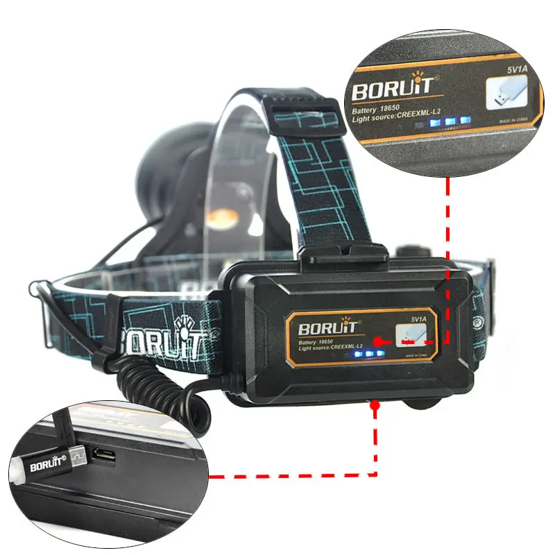 Перезаряжаемый налобный фонарь BORUiT, умный налобный фонарь для охоты, кемпинга, рыбалки, Головной фонарь светильник B10, XM-L2 светодиодный фонарь с аккумулятором и зарядным устройством