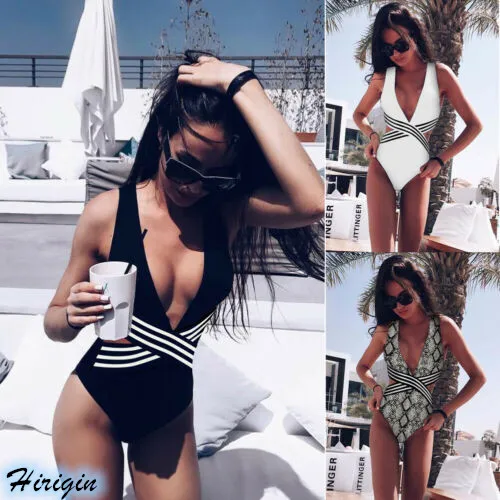 

Stripe Print Swimsuits 2019 New Women Summer Sexy Sleeveless V-neck Backless Padded Striped One-Piece Swimsuit