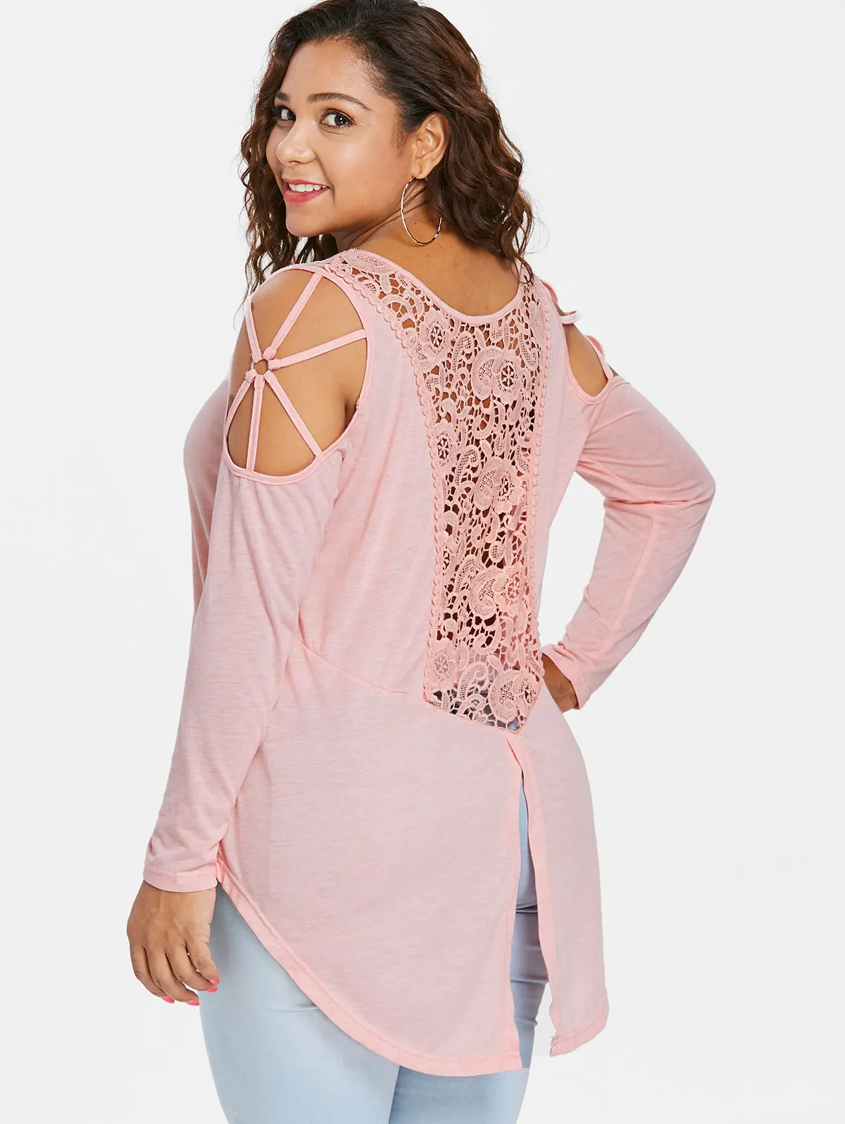 

Lortalen Casual Women Plus Size Cutwork Lace Insert T-Shirts Open Shoulder Long Sleeve O-Neck Pink Shirts Back Slit Tee Tops 5XL