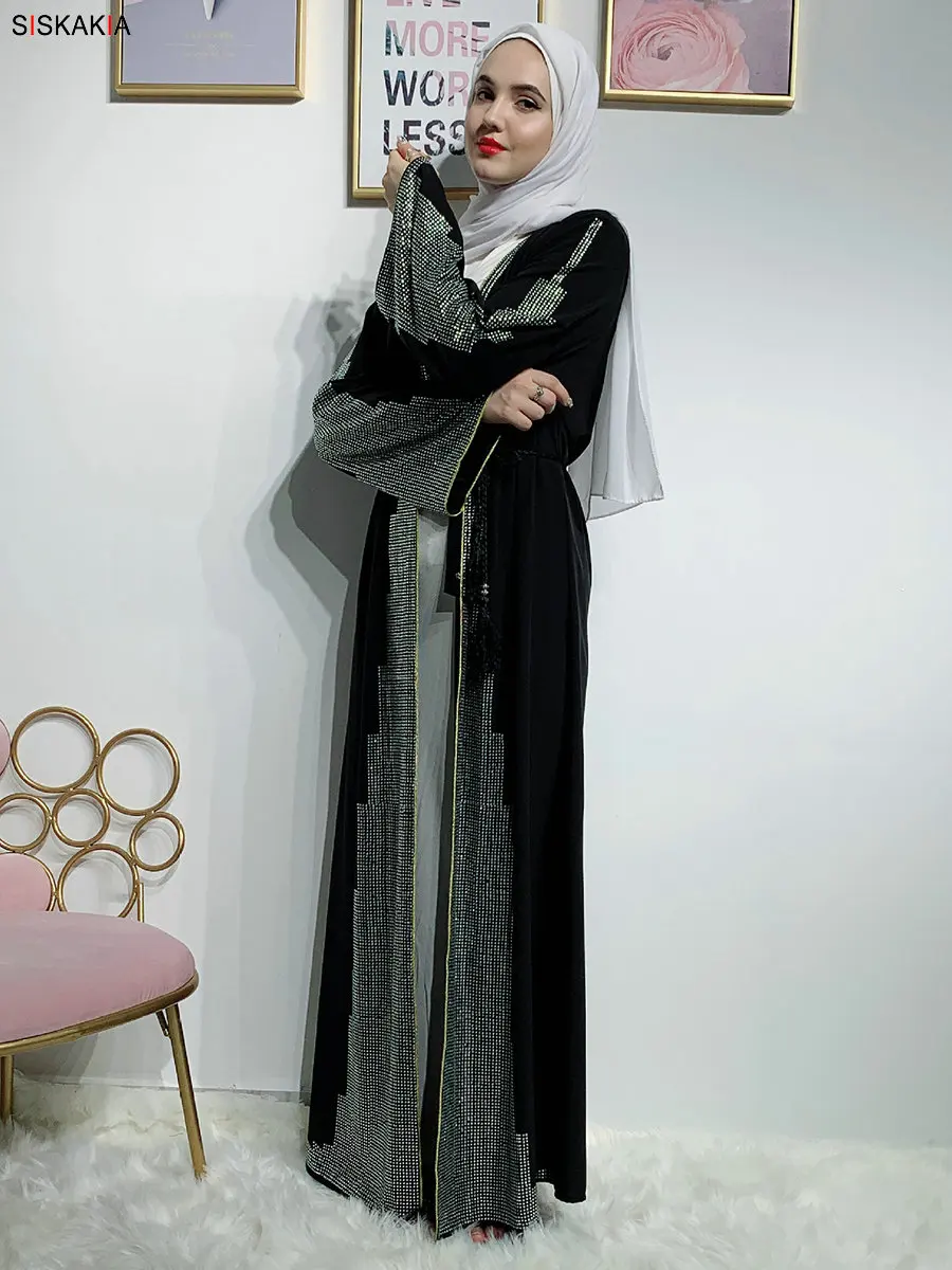 Siskakia/модный мусульманский кардиган abaya, Роскошное однотонное платье в стиле пэчворк со стразами, платье в восточном стиле, Ближний Восток