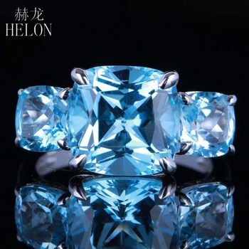 

HELON 10x10mm Cushion Sky Blue Topaz Three Stones Engagement Wedding Fine Ring 10K White Gold Pave Natural Diamonds Jewelry Ring