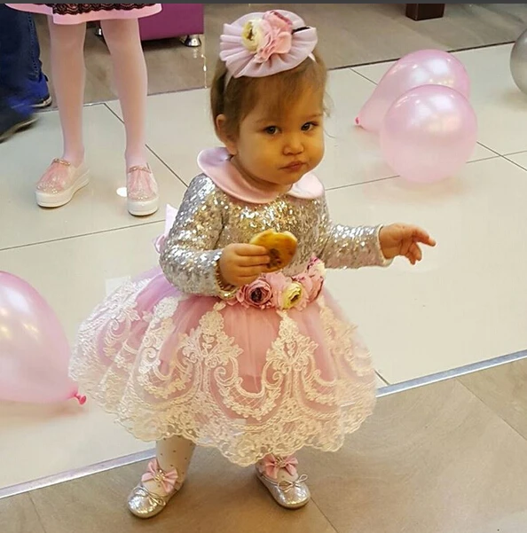

Bling sequins Long Sleeves Pink Lace Appliques flower girl dresses with Bow baby Birthday Party Dress toddler girl pageant dress