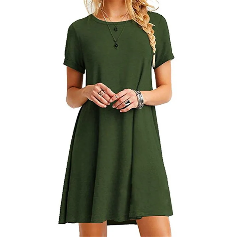Женские летние платья, повседневные, короткий рукав, круглый вырез, свободное платье, женское, черное, синее платье, Vestidos размера плюс, хлопковое платье - Цвет: 8510 Green