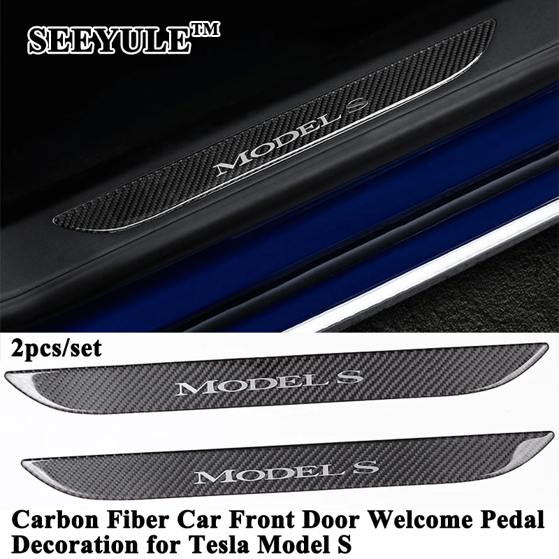 

2pcs/set SEEYULE Carbon Fiber Car Front Door Sill Welcome Pedal Sticker Decoration Cover Accessories for Tesla Model S 2014-2020