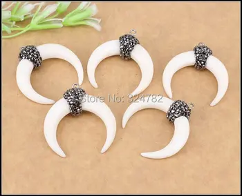 

5pcs Crescent / Horn Shape Natural Bull Bone Pendant in White with Crystal Rhinestone Paved Pendant for Jewelry Making