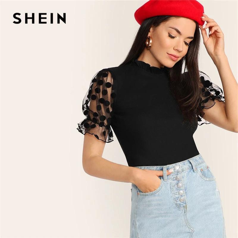 SHEIN Однотонная Блузка С Сетчатыми Рукавами В Горошек Элегантный Топ Для Офиса Женские Нарядные Топы