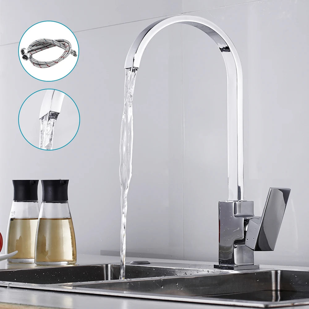 

Modern Kitchen Mixer Tap Basin Sink Faucet Brass Swivel Square 360 Degree Rotation Hot and Cold Water Black Single Handle Hole