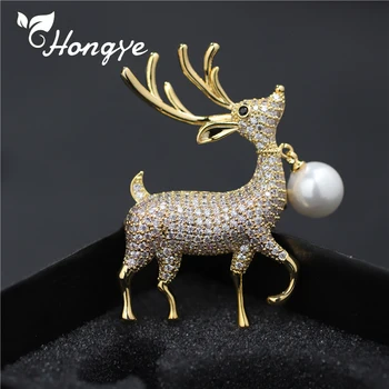 

Hongye Natural Freshwater Pearl Brooches For Women Gold/Silver Color Adorable Deer Fashion Jewelry Party Dress Animal Brooch Pin