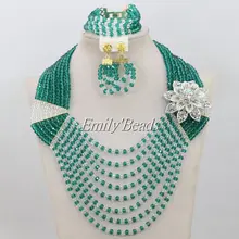 Модные 8 строк Кристалл Бусины Цепочки и ожерелья комплект ювелирных изделий Teal Зеленый нигерийской свадьбы Ясно Белый африканский Бусины комплект ювелирных изделий aij220