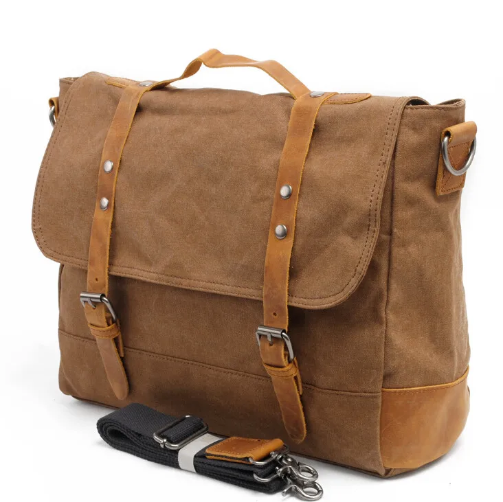 Canvas Leather Crossbody Bag Men briefcase Military Army Vintage