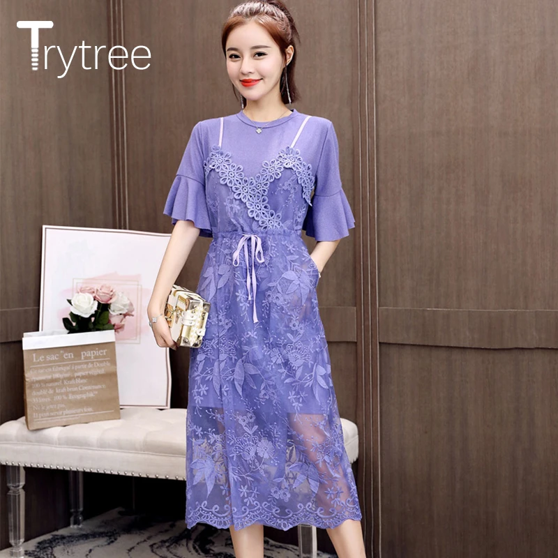 Trytree 2019 الصيف المرأة اثنين من قطعة مجموعة الأرجواني عارضة مضيئة كم س الرقبة طويلة أعلى + اللباس الرباط الدانتيل دعوى مجموعة 2 قطعة مجموعة