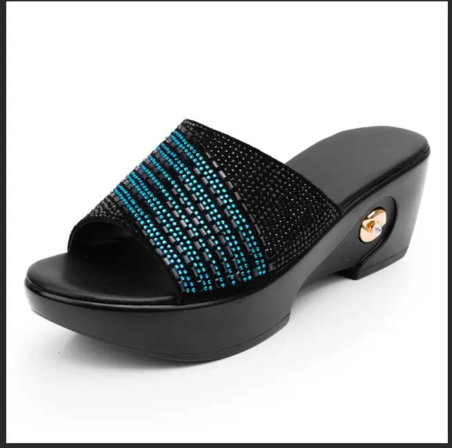 

Women Slipper's 2019 Ladies Summer Slippers Shoes Women High Heels Fashion Rhinestone Wedges Summer Shoes Genuine Leather