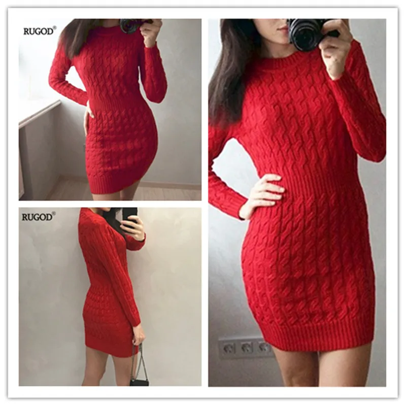 RUGOD Новогоднее красное скрученное трикотажное платье-свитер женское облегающее платье с круглым вырезом и длинным рукавом женская зимняя теплая вязаная одежда Vestidos