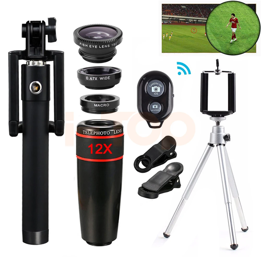 

12X Zoom Telephoto Lens Fisheye Wide Angle Macro Lentes Telescope With Selfie Stick Clip Tripod Smartphone Cell Phone Lneses Kit